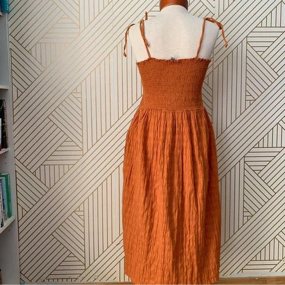 Aerie NWT Smocked Button front up Midi Dress crinkled cinched bow shoulder strap - Picture 7 of 9